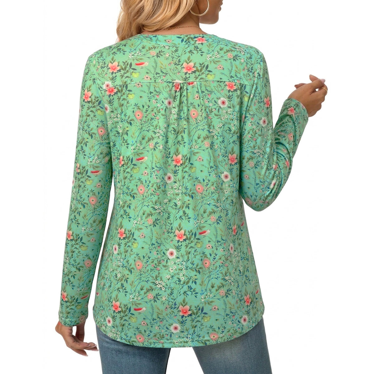 Women's Long Sleeve Tunic Tops Floral Pintuck Blouses Popover Shirts Dressy Casual Tops for Leggings Spring Fall Available in Sizes S-4XL