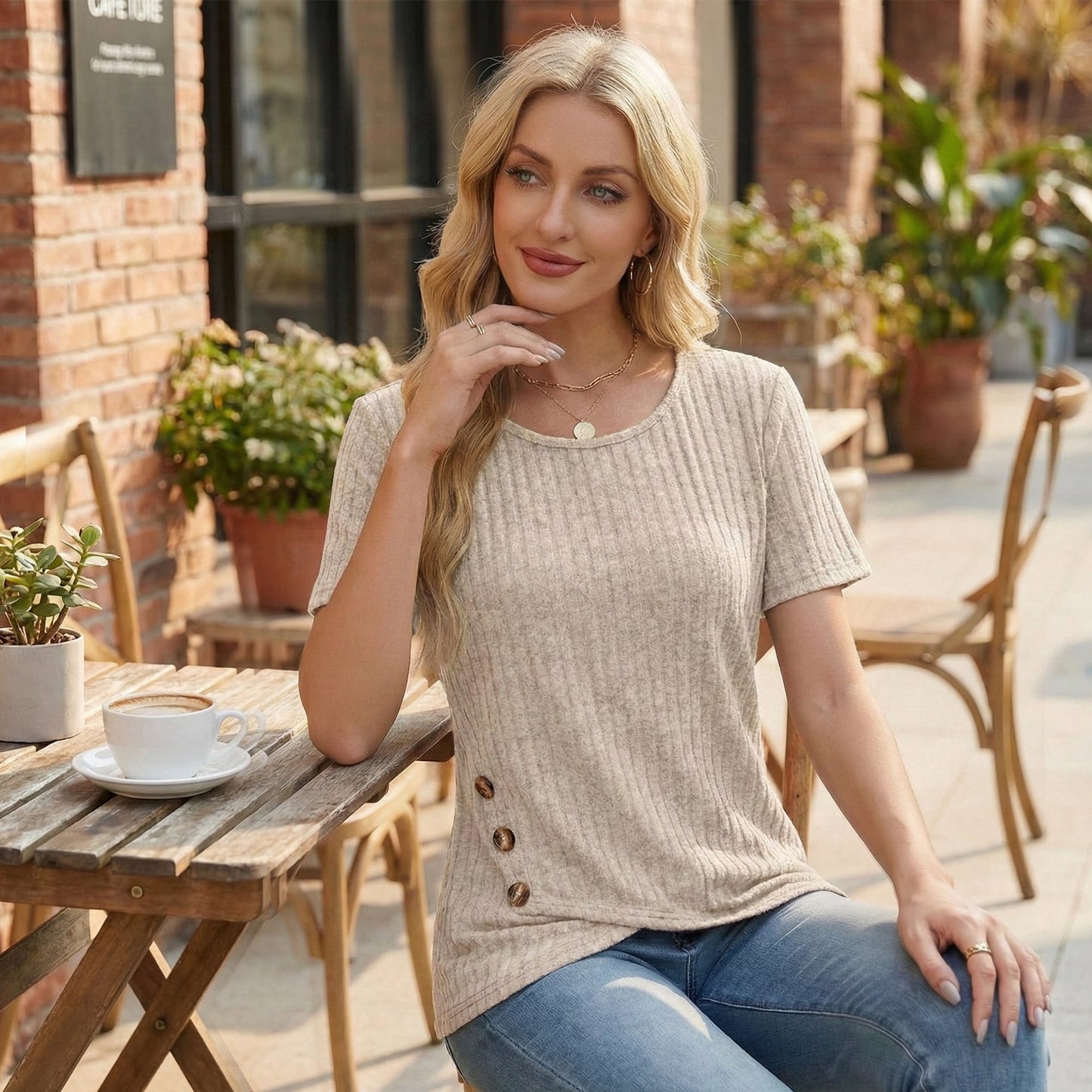 Womens Summer Tunic Tops Short Sleeve Crew Neck Casual Shirts Button Detail Loose Fit T Shirts for Daily Wear Vacation