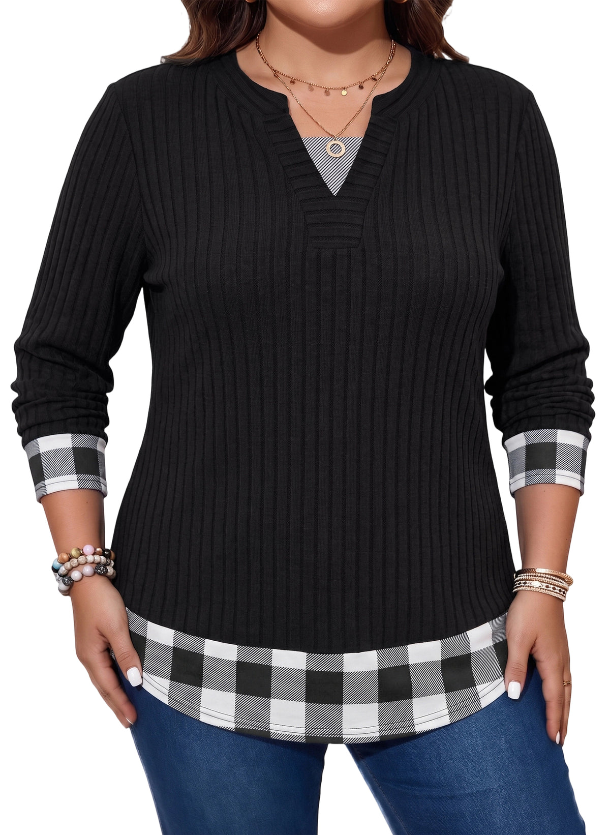Long Sleeve Shirts for Women Casual V Neck Plaid Fake Two Piece Tops Lightweight Knit Tops Plus Size S-4XL