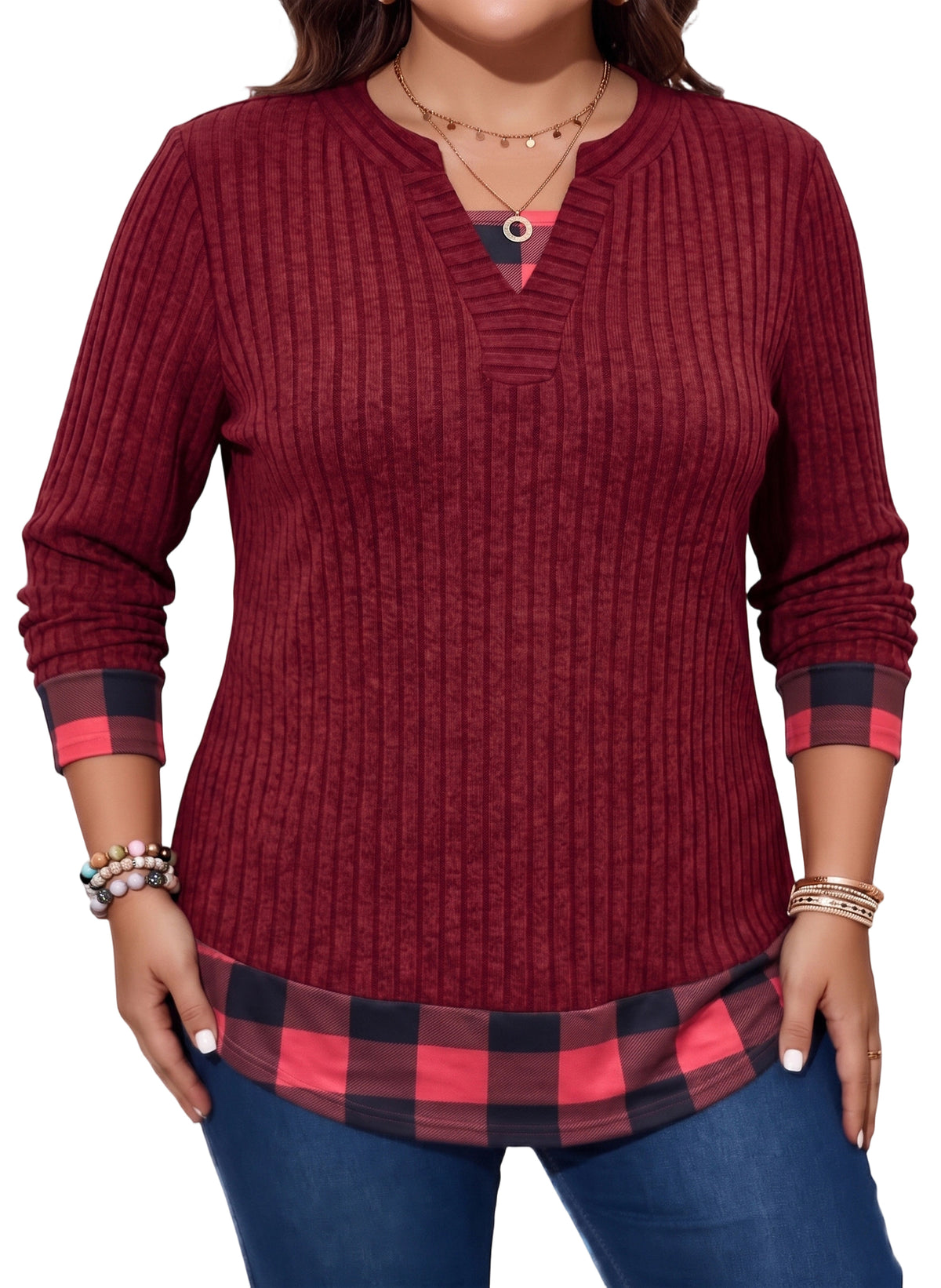 Long Sleeve Shirts for Women Casual V Neck Plaid Fake Two Piece Tops Lightweight Knit Tops Plus Size S-4XL