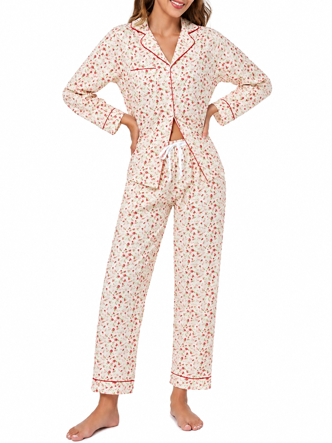 WQD Pajamas for Women 2 Piece Set Long Sleeve Button Front Pajama Set Soft Printed Sleepwear with Wide Leg Pants and Pockets
