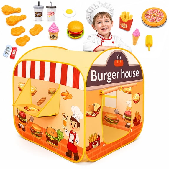 Flynow Kids Pop Up Hamburger Restaurant Play Tent, Playhouse Indoor Outdoor Folding Portable Play Tent for Kids Boys and Girls Role Play Camping Toys