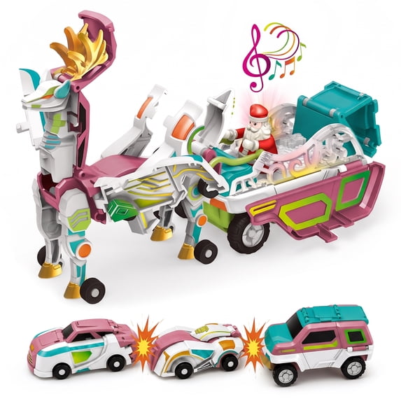 Flynow Transforming Cars – 3 in 1 Collision Toy Cars Turns into Reindeer Carriage with LED Lights, Cool Robots Car Toys for Kids Birthday Gift for Boys and Girls 3-10 Years Old