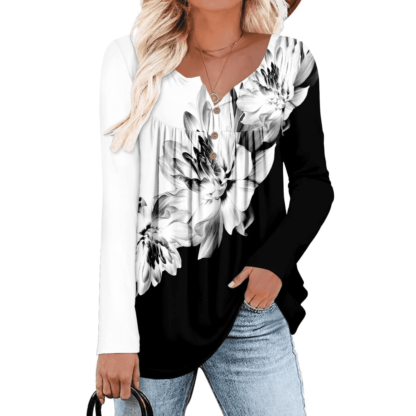 WQD Womens Long Sleeve Shirts Dressy Casual Floral Blouses Loose Tunic Tops for Fall Winter Spring (Available in Plus Size)