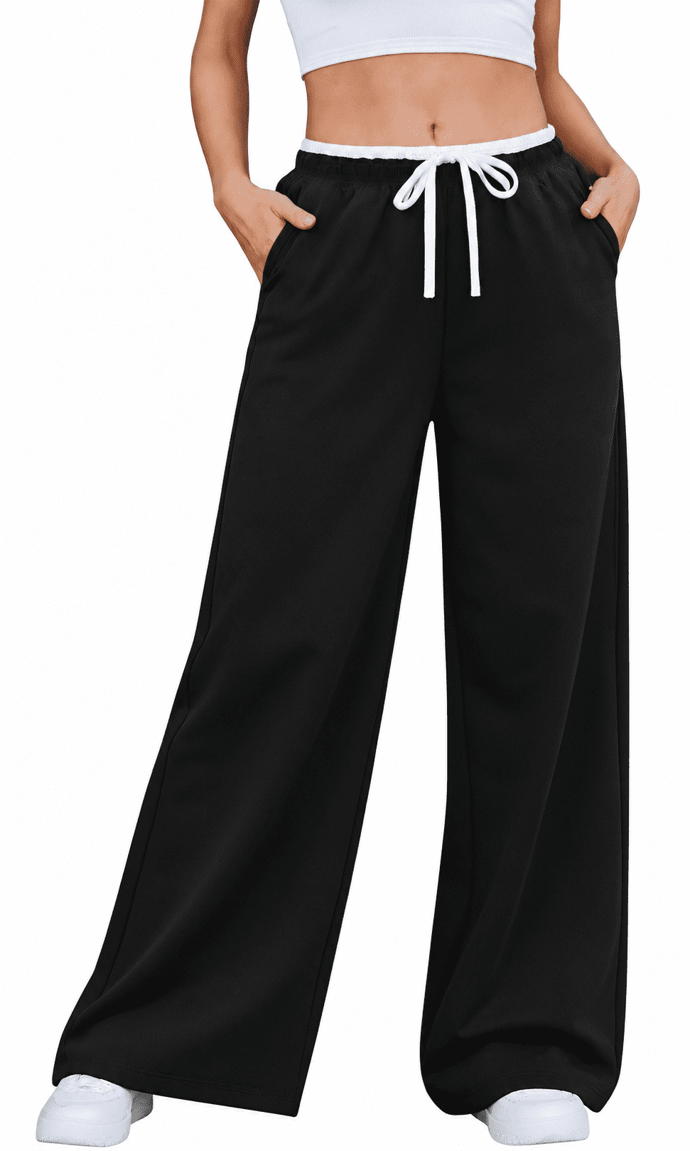 WQD Sweatpants for Women Wide Leg Loose Fit Lightweight Straight Track Pants with Color Block Waist Stretch Yoga Joggers Casual Lounge Trousers with Pockets