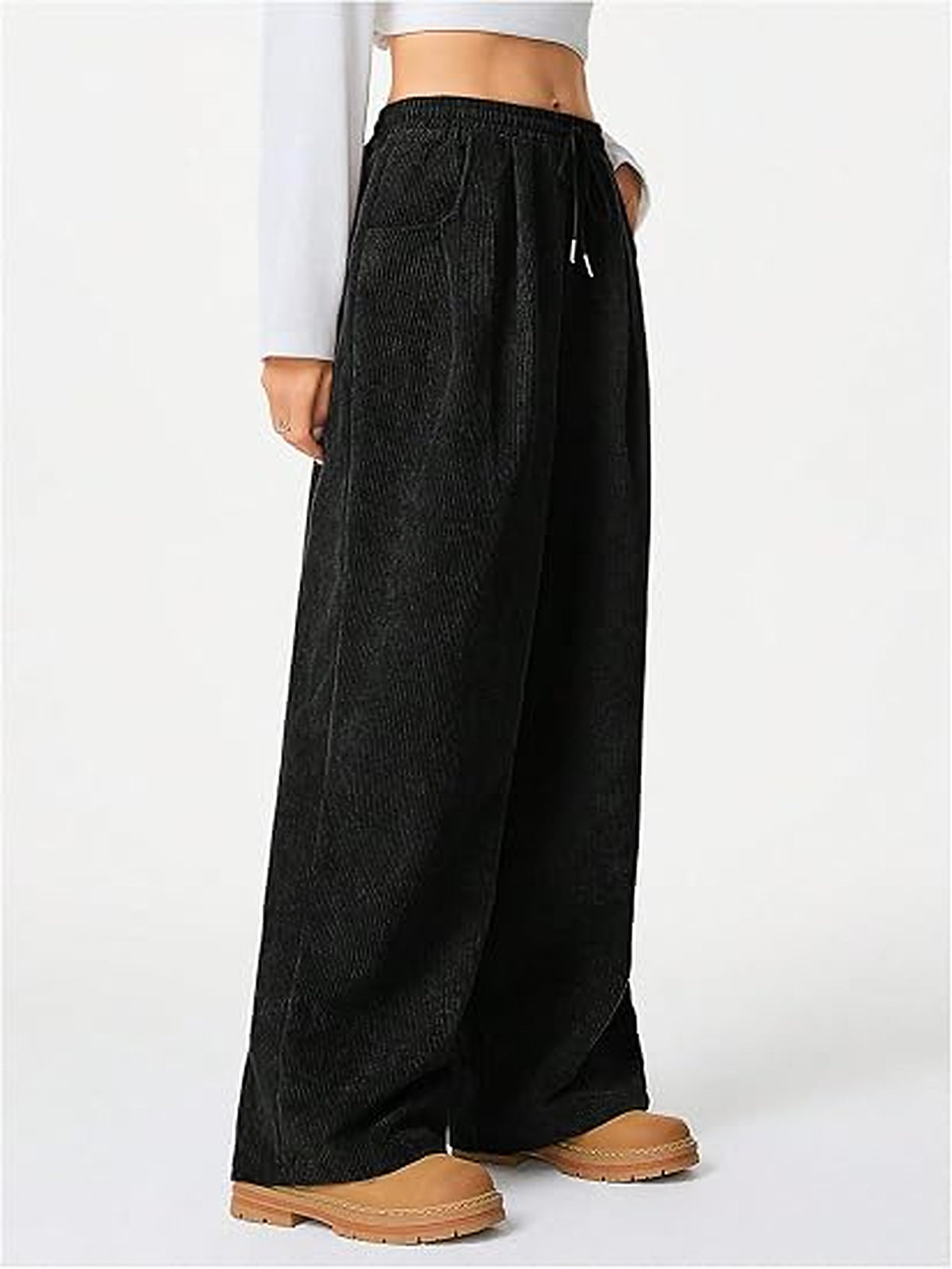WQD Women's Wide Leg Corduroy Pants High Waisted Drawstring Casual Lounge Trousers with Pockets Relaxed Fit for Fall Winter