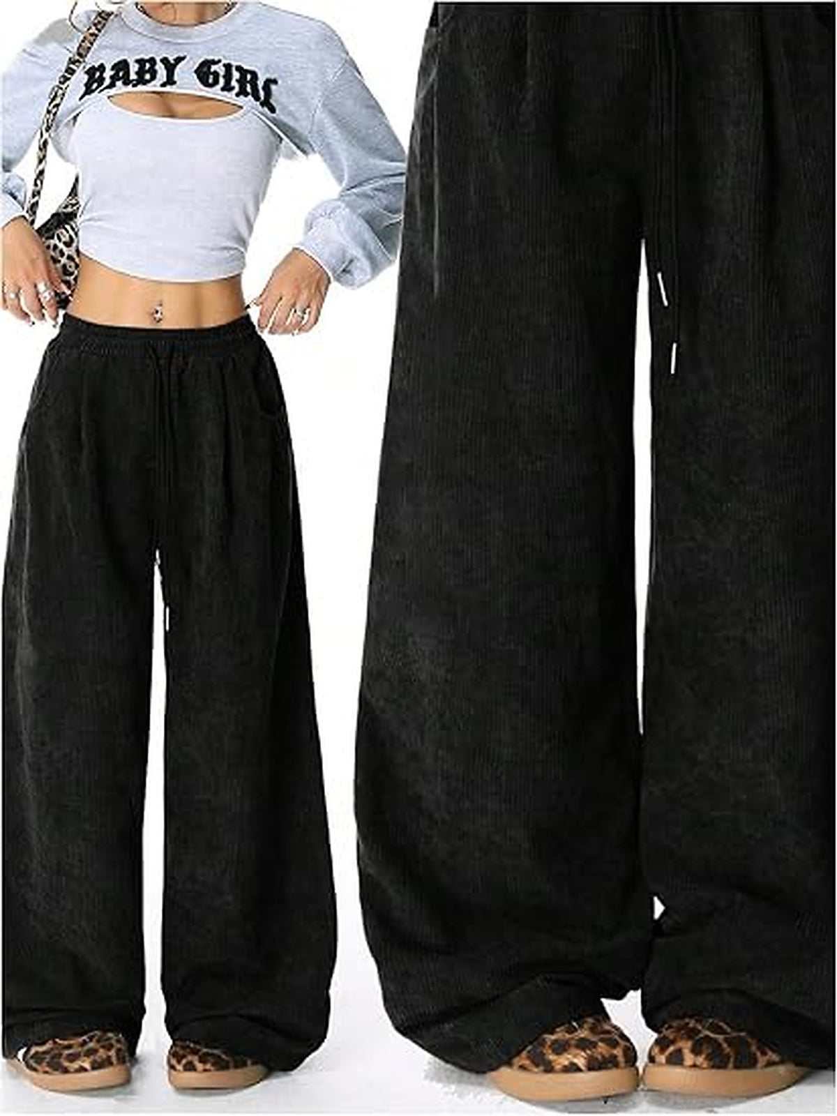 WQD Women's Wide Leg Corduroy Pants High Waisted Drawstring Casual Lounge Trousers with Pockets Relaxed Fit for Fall Winter