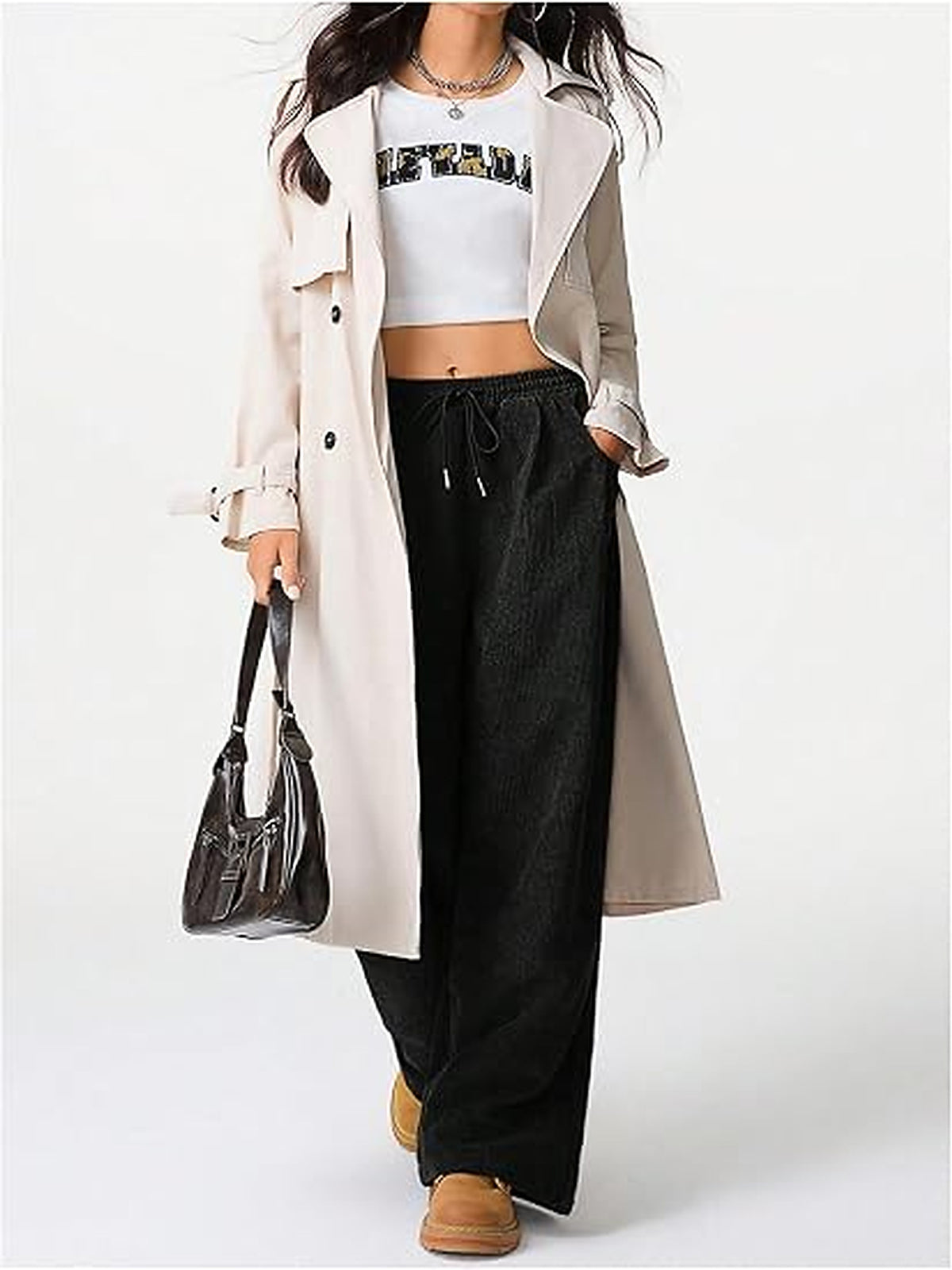 WQD Women's Wide Leg Corduroy Pants High Waisted Drawstring Casual Lounge Trousers with Pockets Relaxed Fit for Fall Winter