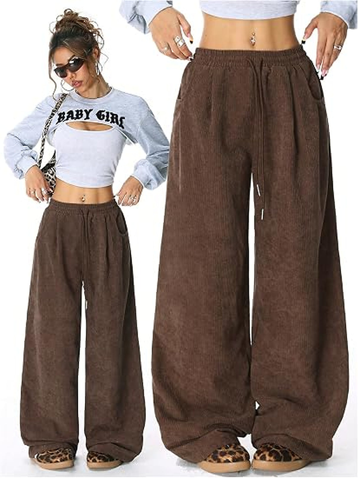 WQD Women's Wide Leg Corduroy Pants High Waisted Drawstring Casual Lounge Trousers with Pockets Relaxed Fit for Fall Winter