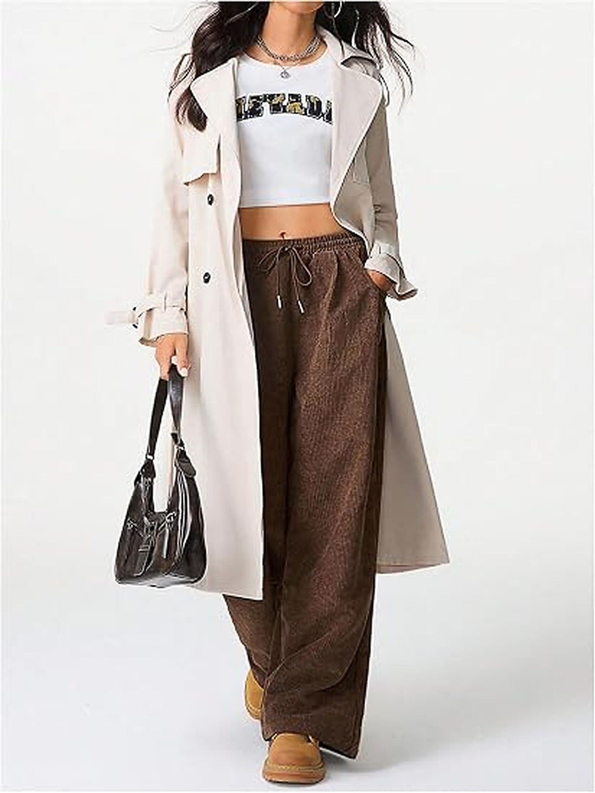 WQD Women's Wide Leg Corduroy Pants High Waisted Drawstring Casual Lounge Trousers with Pockets Relaxed Fit for Fall Winter
