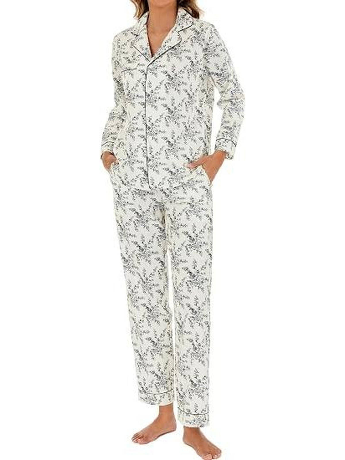 WQD Pajamas for Women 2 Piece Set Long Sleeve Button Front Pajama Set Soft Printed Sleepwear with Wide Leg Pants and Pockets