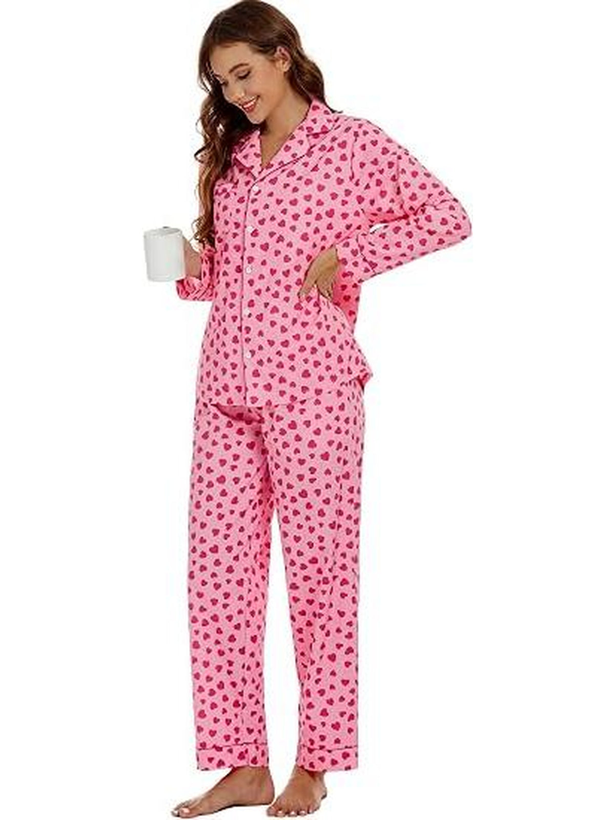 WQD Pajamas for Women 2 Piece Set Long Sleeve Button Front Pajama Set Soft Printed Sleepwear with Wide Leg Pants and Pockets