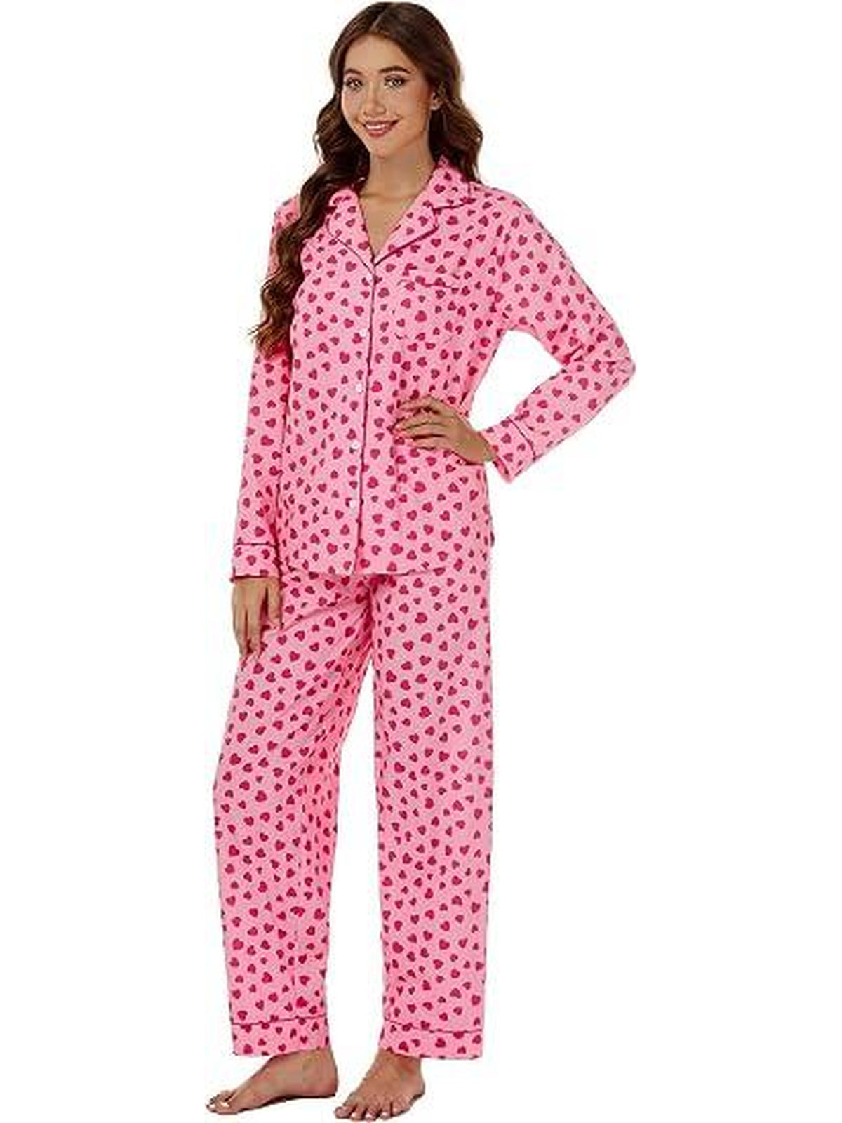 WQD Pajamas for Women 2 Piece Set Long Sleeve Button Front Pajama Set Soft Printed Sleepwear with Wide Leg Pants and Pockets