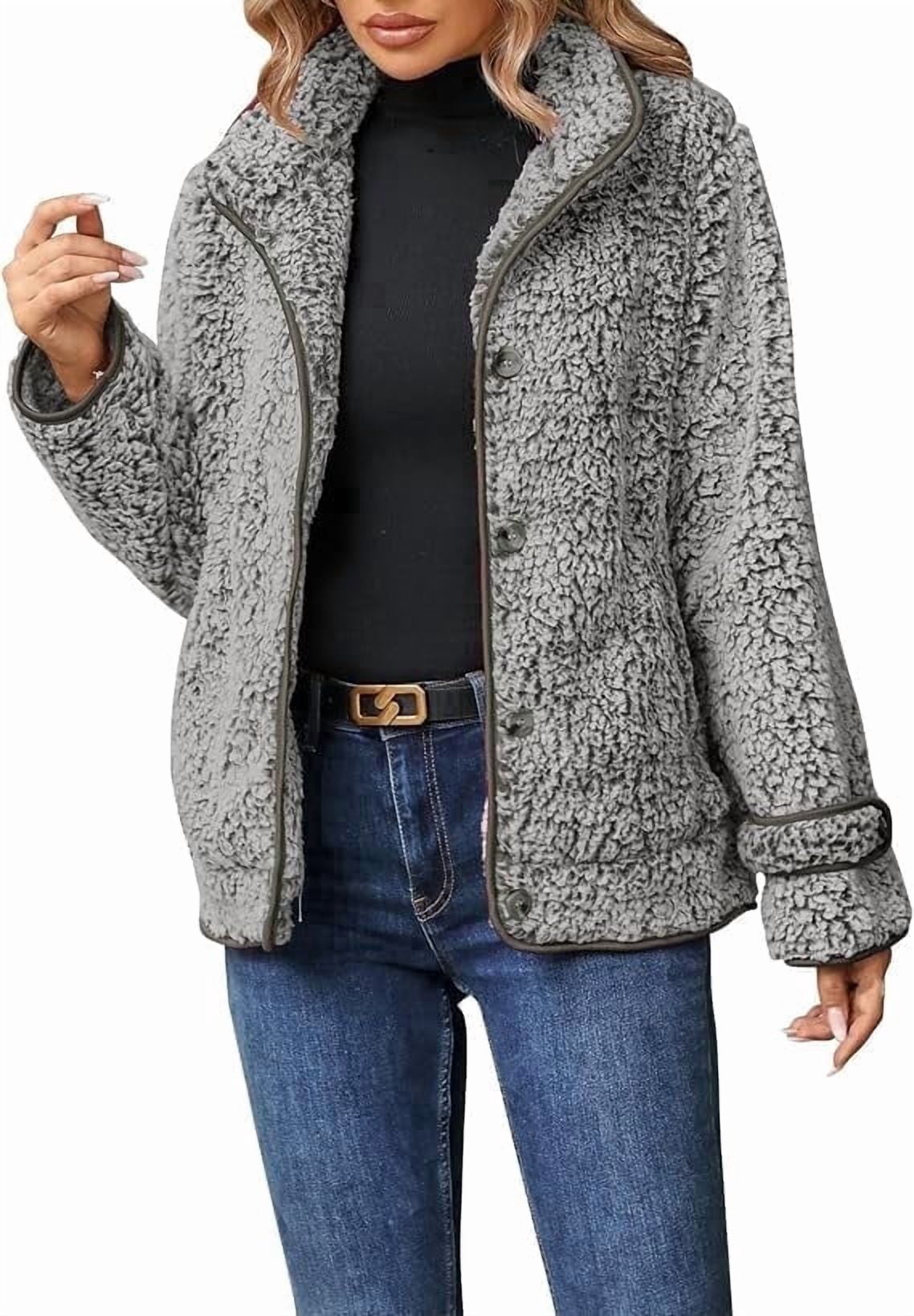 Women's Fleece Jacket Sherpa Teddy Fleece Coat Button Front Warm Outerwear with Pockets Stand Collar for Fall Winter