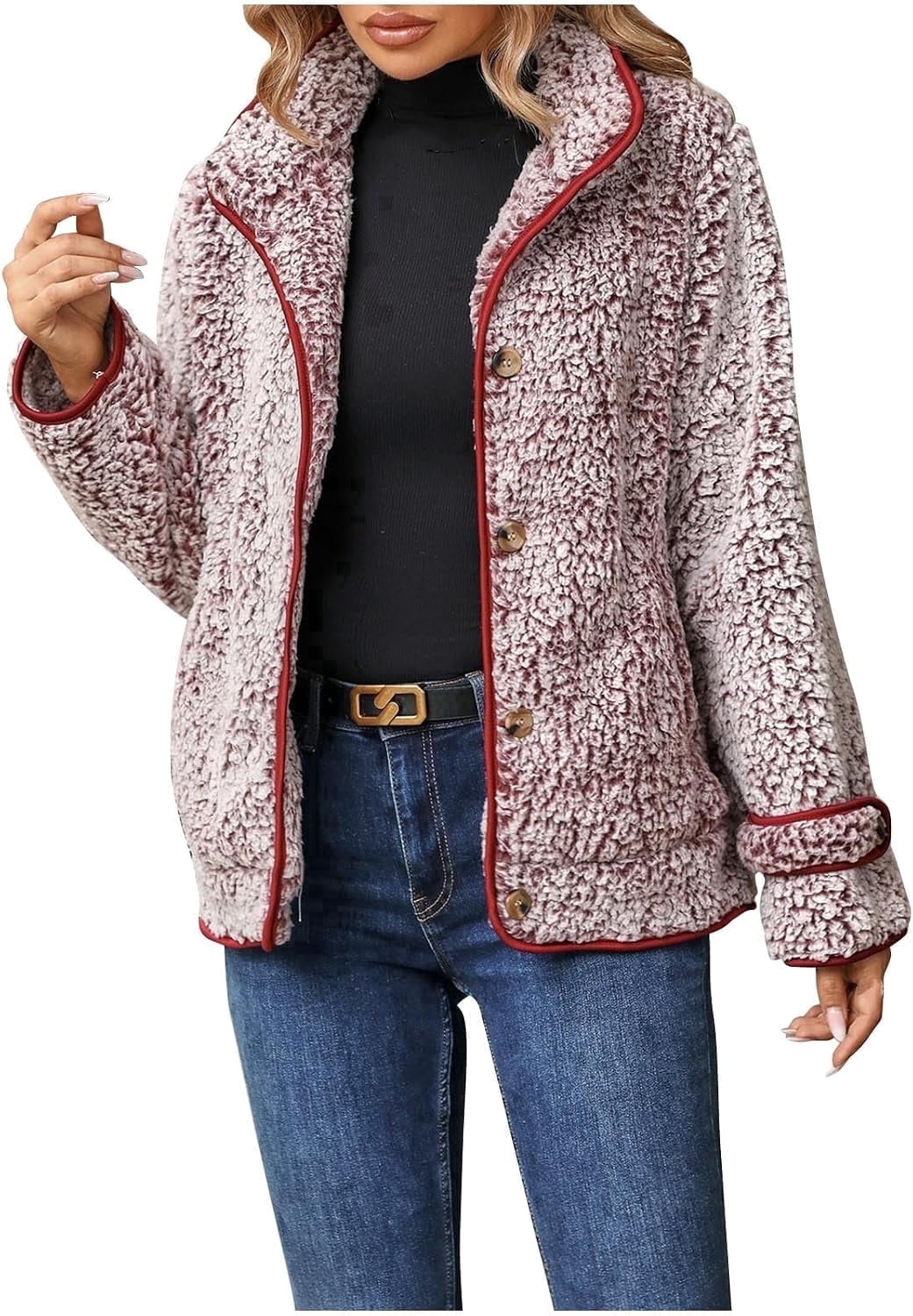 Women's Fleece Jacket Sherpa Teddy Fleece Coat Button Front Warm Outerwear with Pockets Stand Collar for Fall Winter