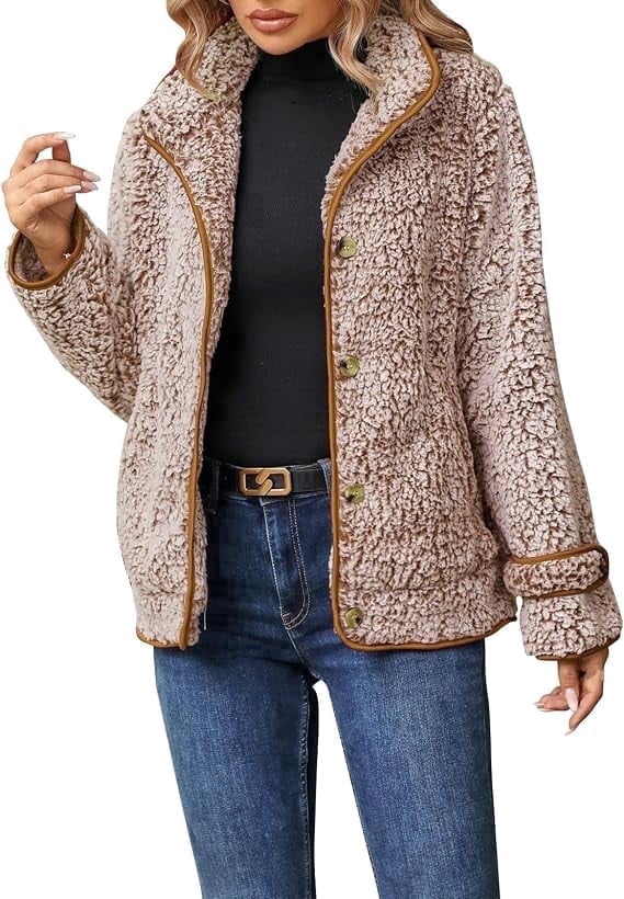 Women's Fleece Jacket Sherpa Teddy Fleece Coat Button Front Warm Outerwear with Pockets Stand Collar for Fall Winter