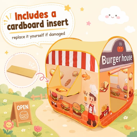 Flynow Kids Pop Up Hamburger Restaurant Play Tent, Playhouse Indoor Outdoor Folding Portable Play Tent for Kids Boys and Girls Role Play Camping Toys