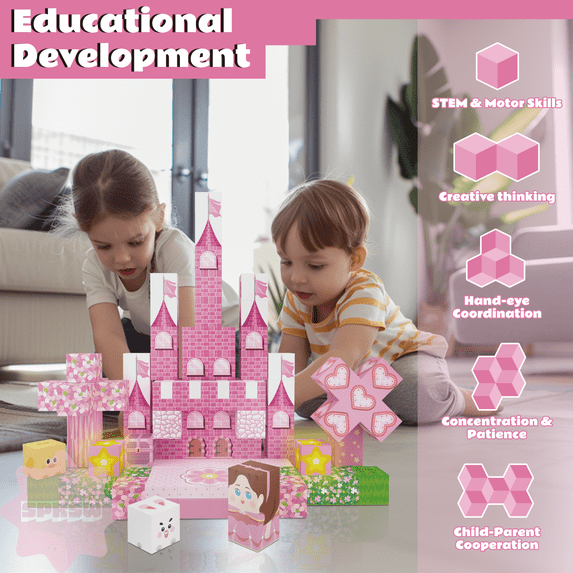 Flynow 100PCS Pink Princess Castle Building Blocks, 3D Cubes Puzzle for Girls, STEM Construction Toy for Kids Ages 3-12, Princess Toys for Kids Birthday Gifts