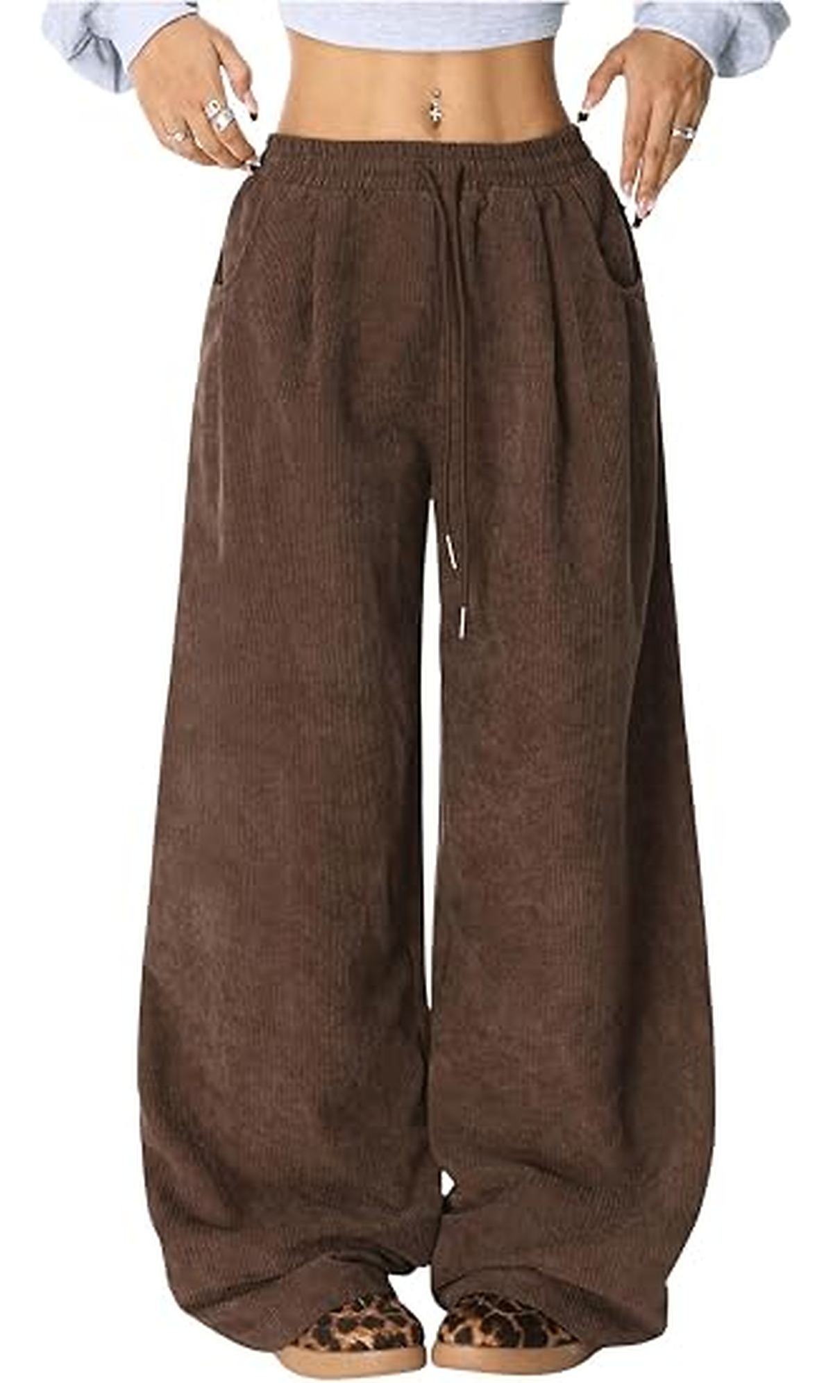 WQD Women's Wide Leg Corduroy Pants High Waisted Drawstring Casual Lounge Trousers with Pockets Relaxed Fit for Fall Winter