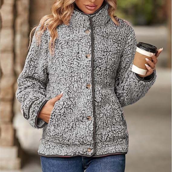 Women's Fleece Jacket Sherpa Teddy Fleece Coat Button Front Warm Outerwear with Pockets Stand Collar for Fall Winter
