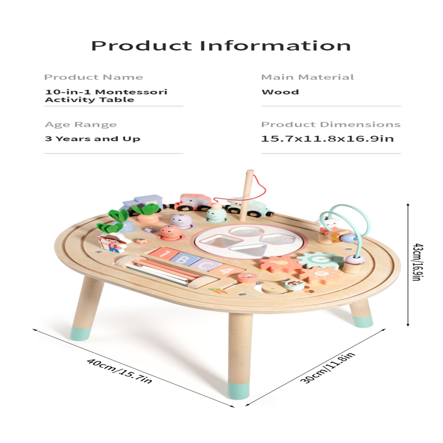 Flynow Baby Busy Board Toys 10-in-1 Wooden Sensory Activity Table, Montessori Toddler Toy Shape Sorter, Fishing, Bead Maze & Train Track, Educational Learning Birthday Gift for 1+ Year Old Boys Girls