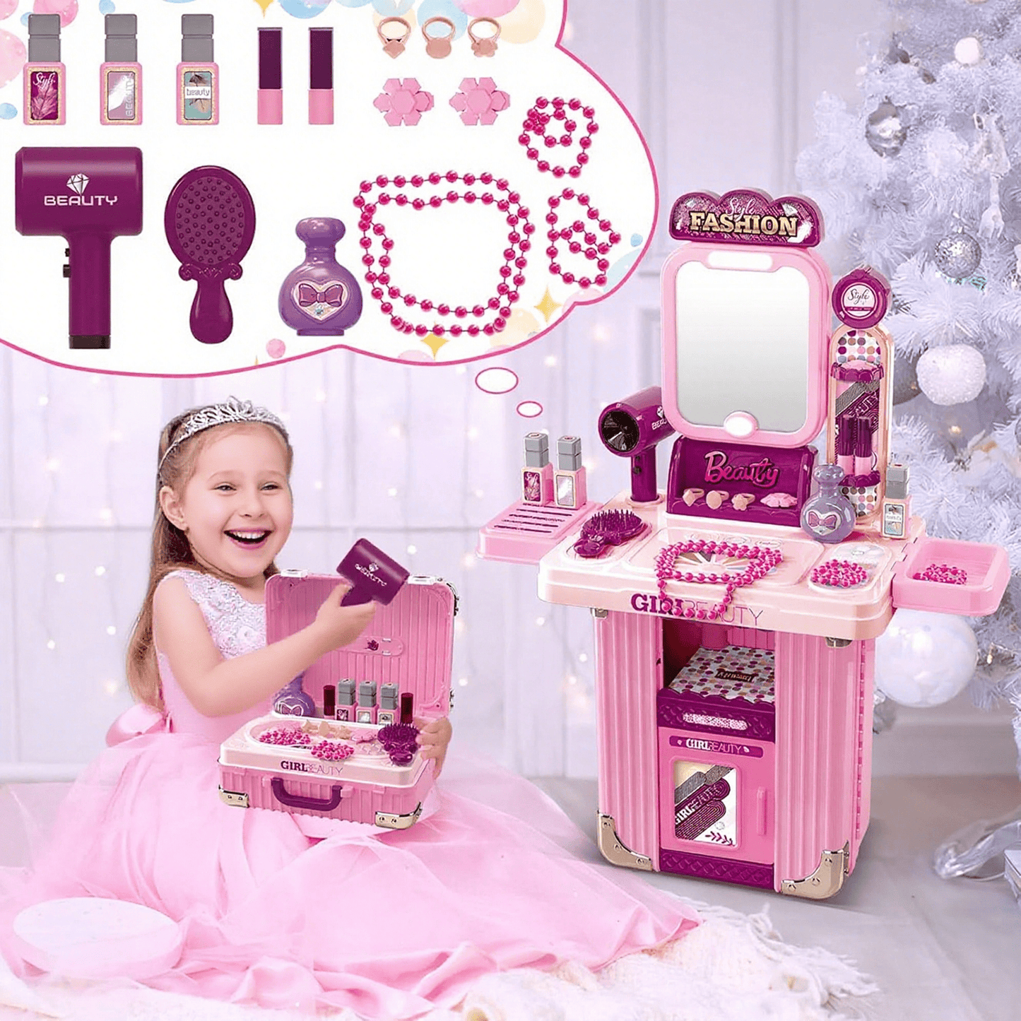 Flynow Toys Makeup Table Playset, Girls Dressup Pretend Play Princess for Toddler 1-3 Years Old, Kids Vanity Accessories 31pcs Set with Music Light, Christmas Birthday Gift for Age 2 4 5 6 7 8 9 10