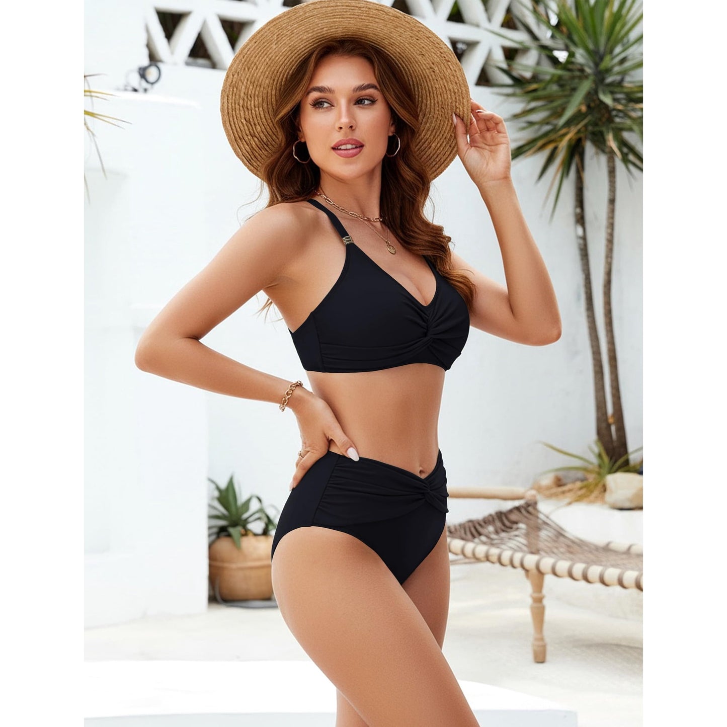 Women’s High Waisted Bikini Set Tummy Control Two Piece Swimsuit V Neck Twist Front Bikini Top & High Rise Bathing Suit Bottoms
