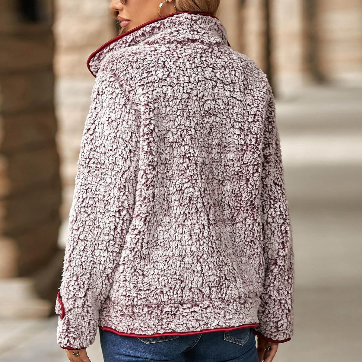 Women's Fleece Jacket Sherpa Teddy Fleece Coat Button Front Warm Outerwear with Pockets Stand Collar for Fall Winter